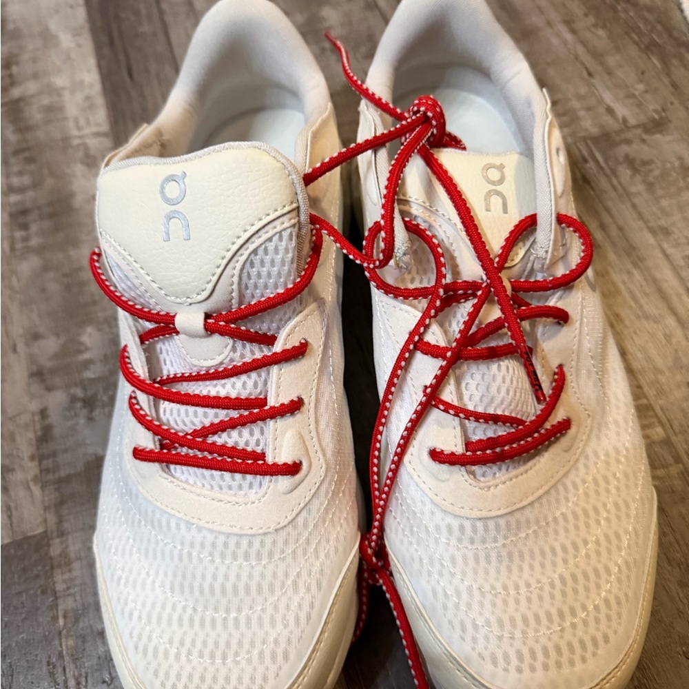 On Running Kids Sneakers in White with Red Laces